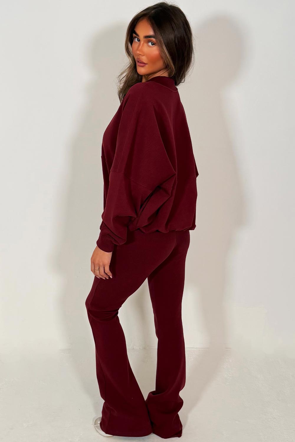 zara womens bomber sweatshirt with zip and straight flare joggers burgundy tracksuit set