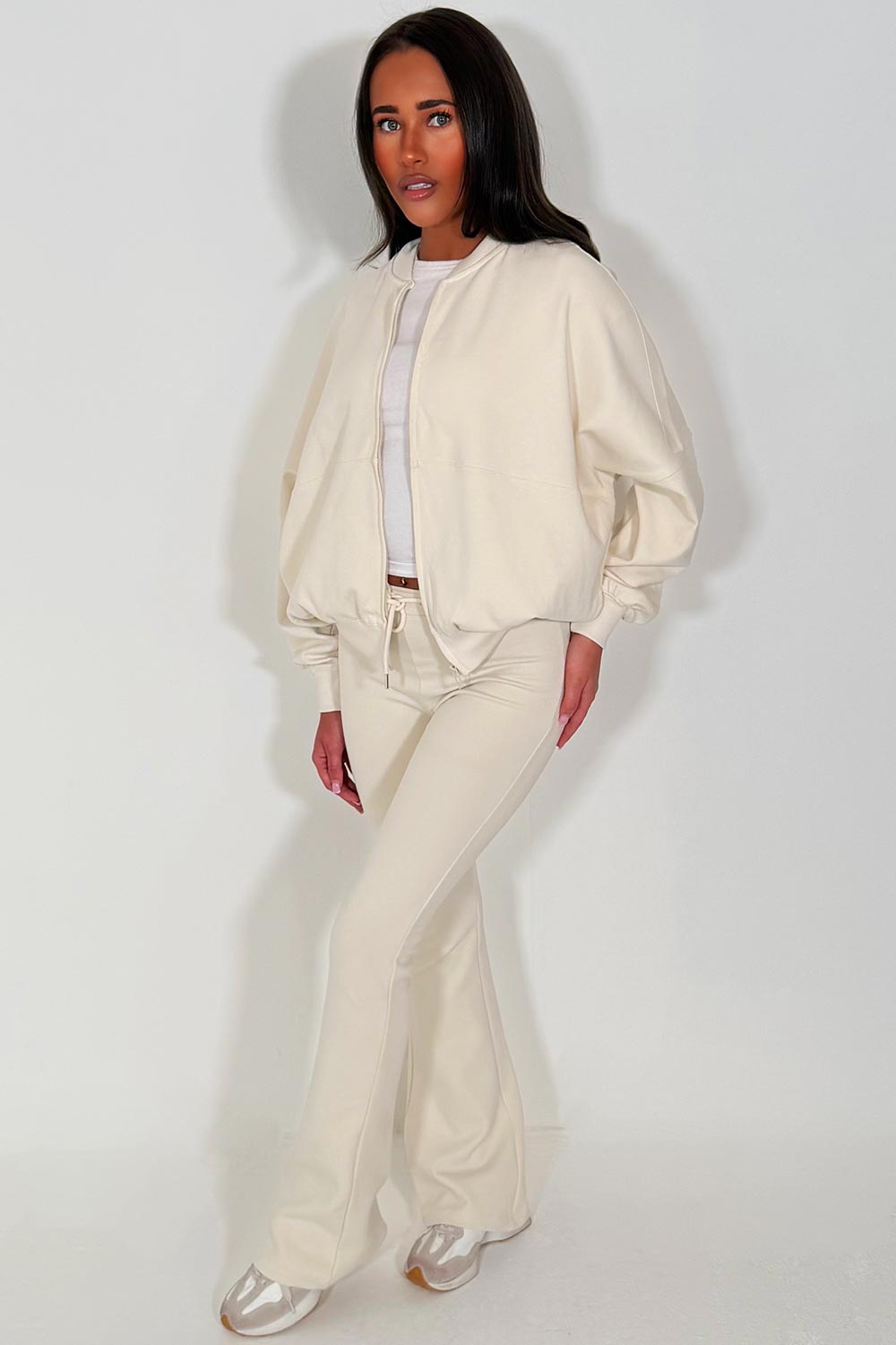 zara womens bell bottom trousers and bomber sweatshirt two piece loungewear set sale