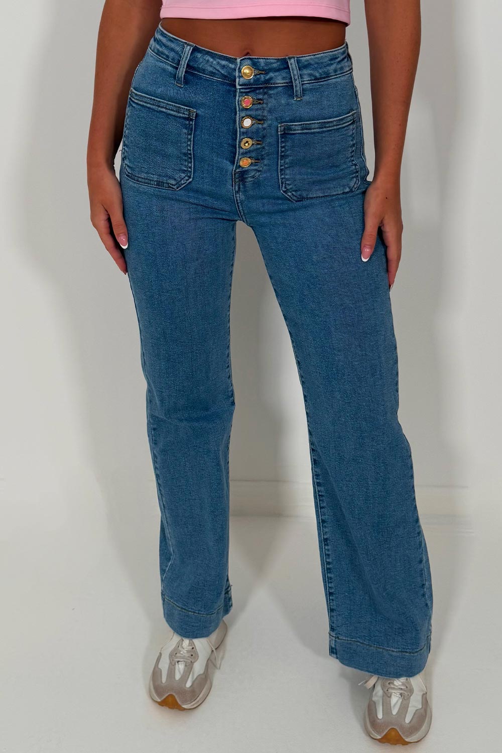 womens high waist wide leg jeans with front patch pockets 5 buttons stretch comfy denim styledup uk