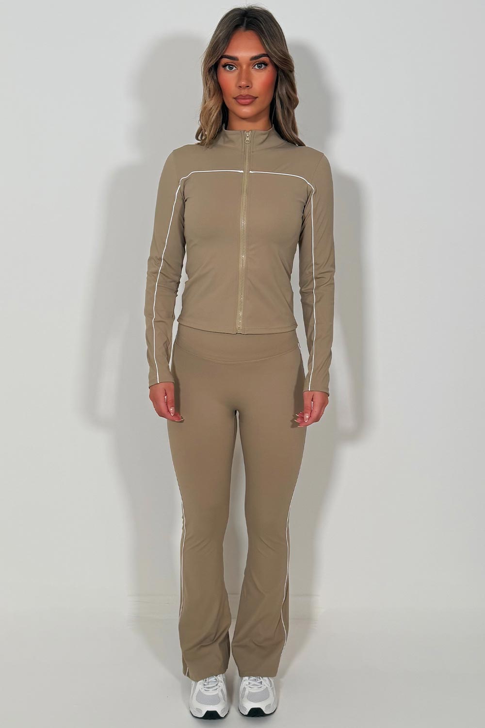 womens activewear zip up sports jacket and scrunch bum flare pants two piece set beige