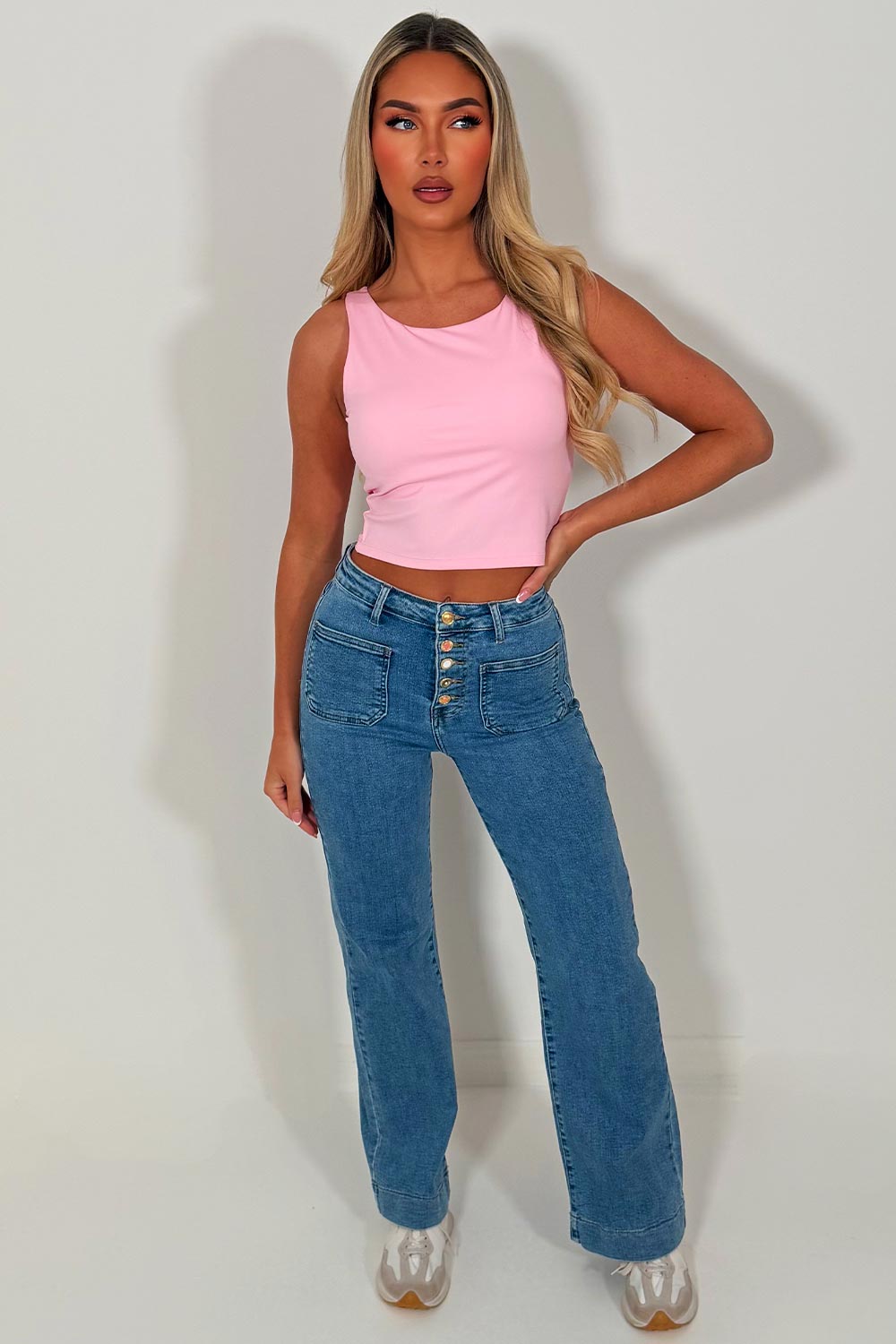 zara womens uk high waist wide leg jeans with front patch pockets 5 buttons stretch denim styledup uk