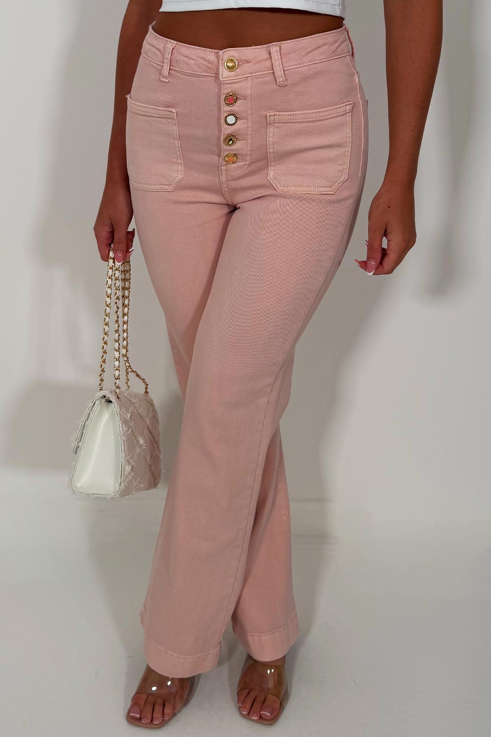 pink front pocket wide leg jeans with 5 button front zara womens uk