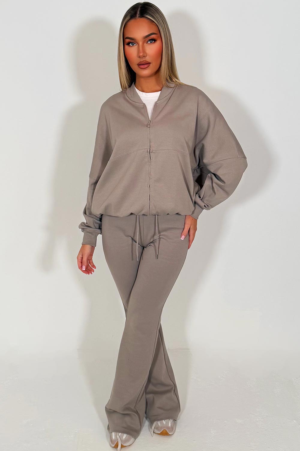 zara womens bell bottom trousers and bomber sweatshirt two piece loungewear set sale