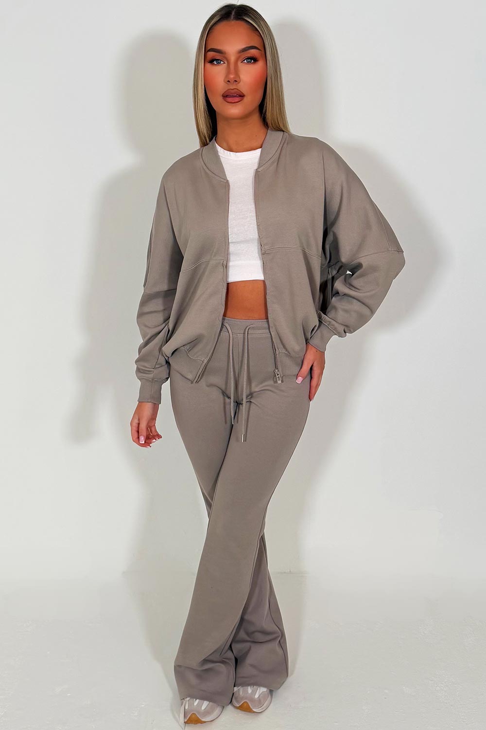 interlock bomber sweatshirt and bell bottom trousers two piece loungewear set zara womens uk