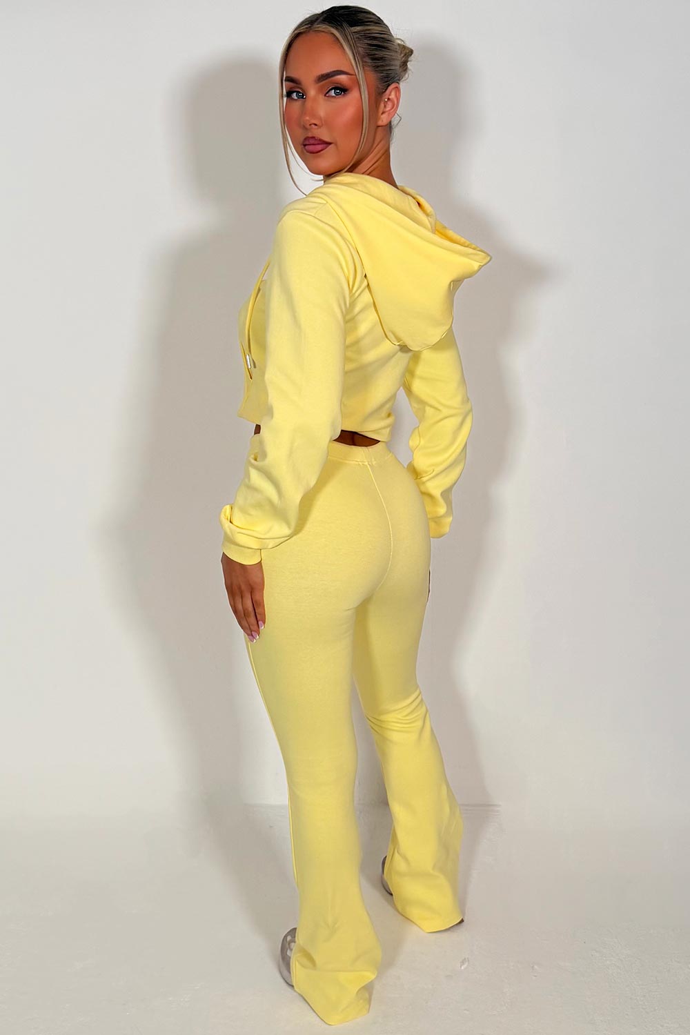 cropped bell bottom flare seam detail tracksuit yellow styledup
