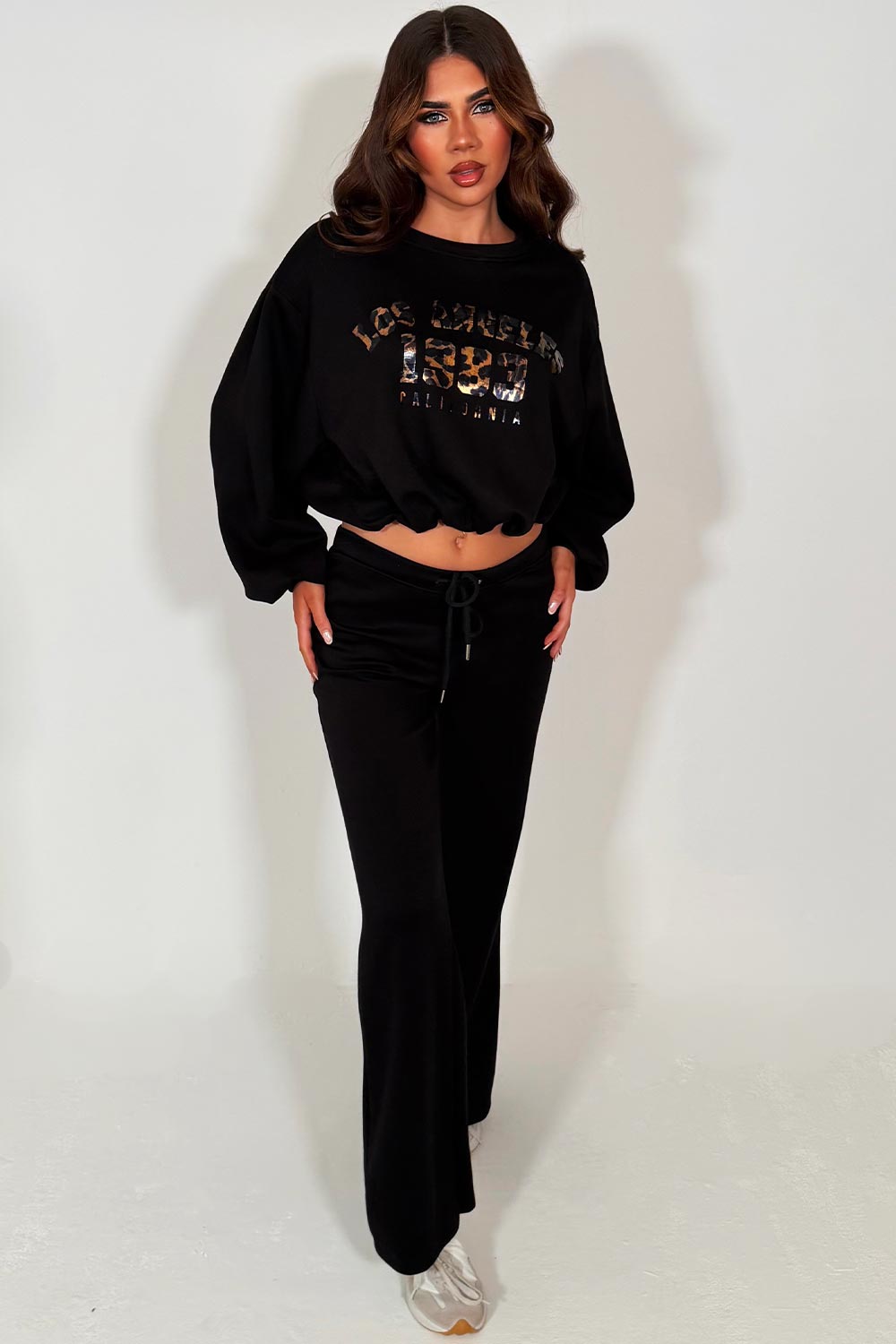 womens los angeles california slogan oversized crop sweatshirt and flare trouser two piece co ord set black styledup