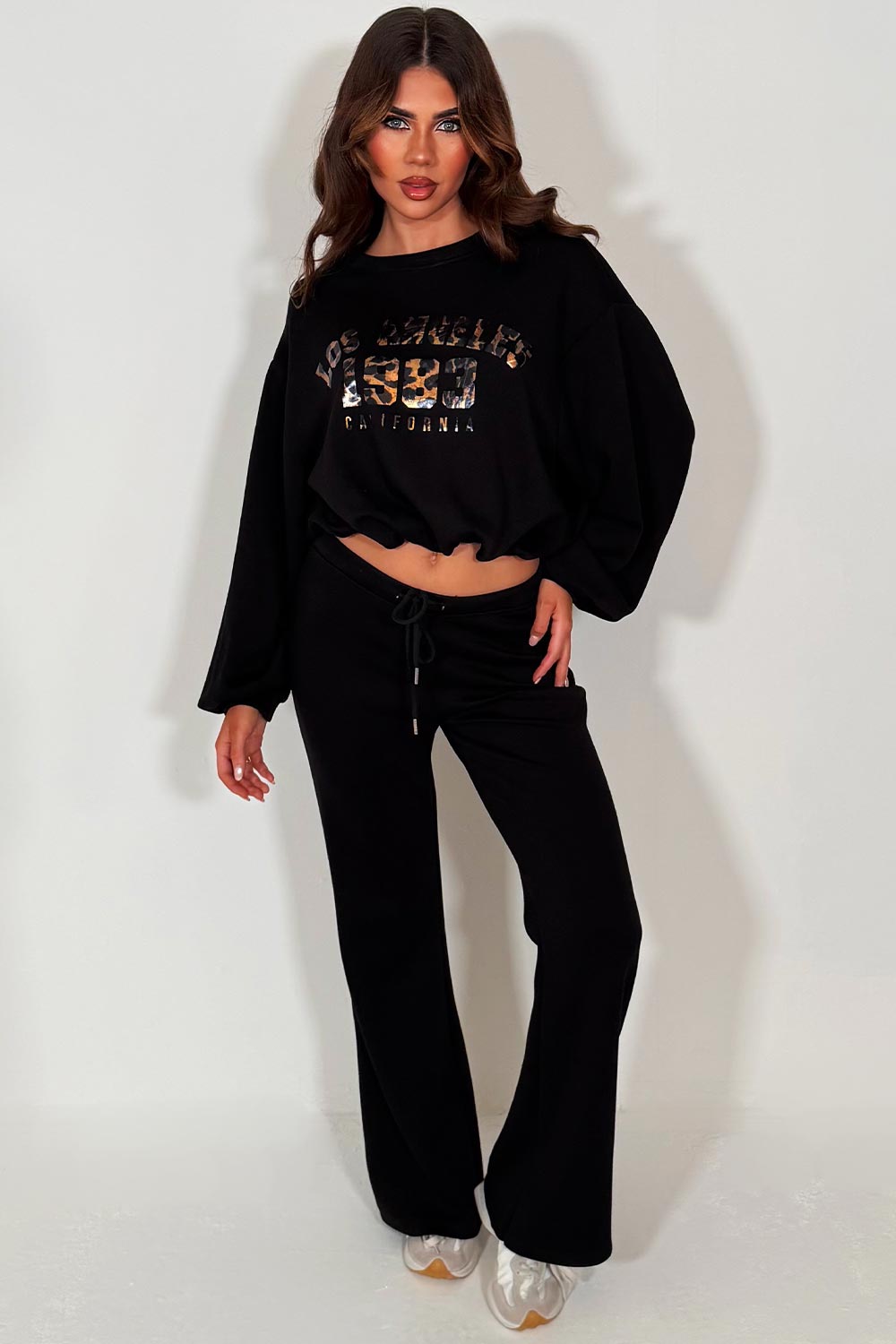 womens oversized crop sweatshirt and flare trouser loungewear co ord set styledup fashion