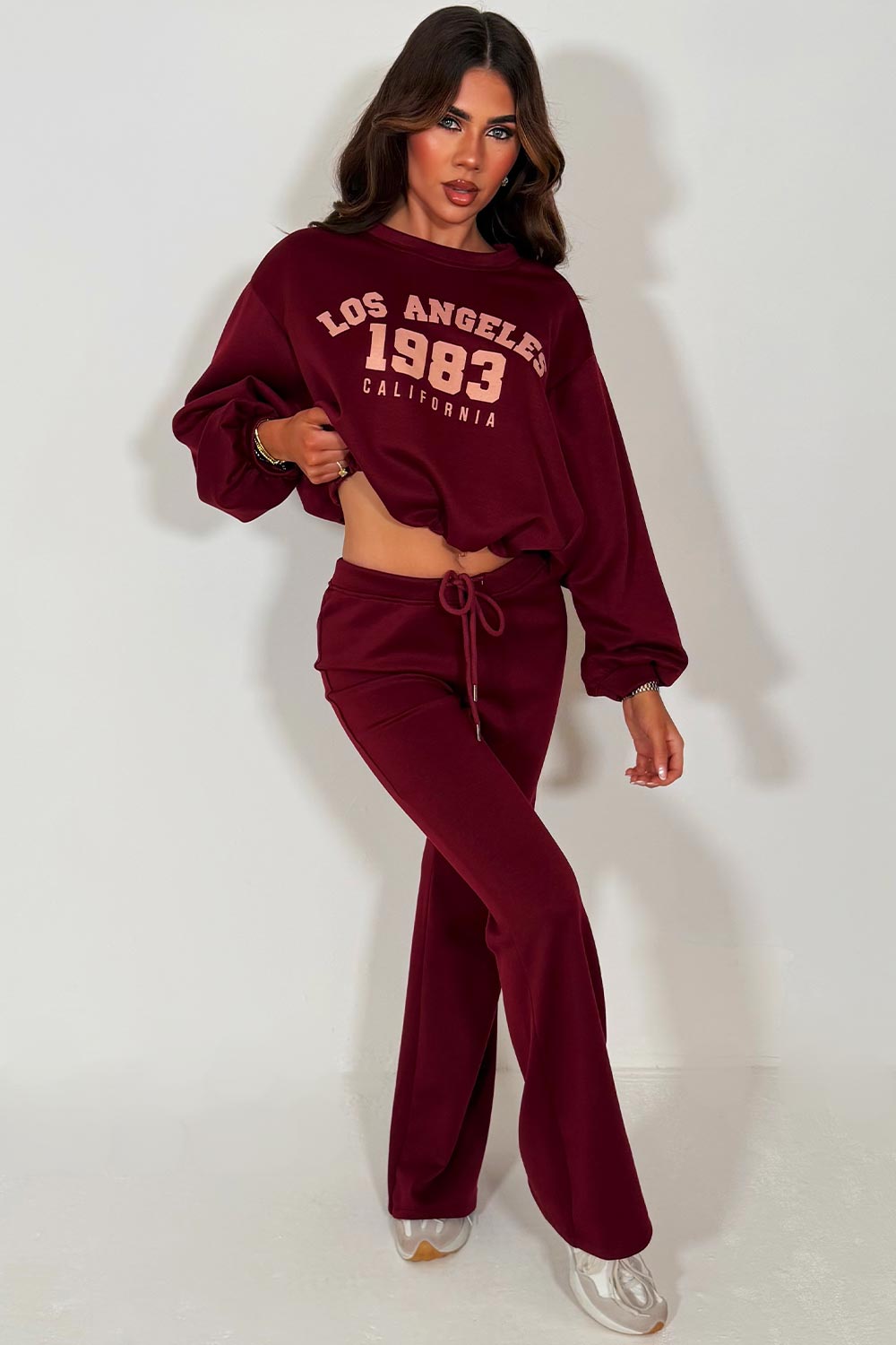 womens oversized crop sweatshirt and flare trouser loungewear co ord set styledup fashion