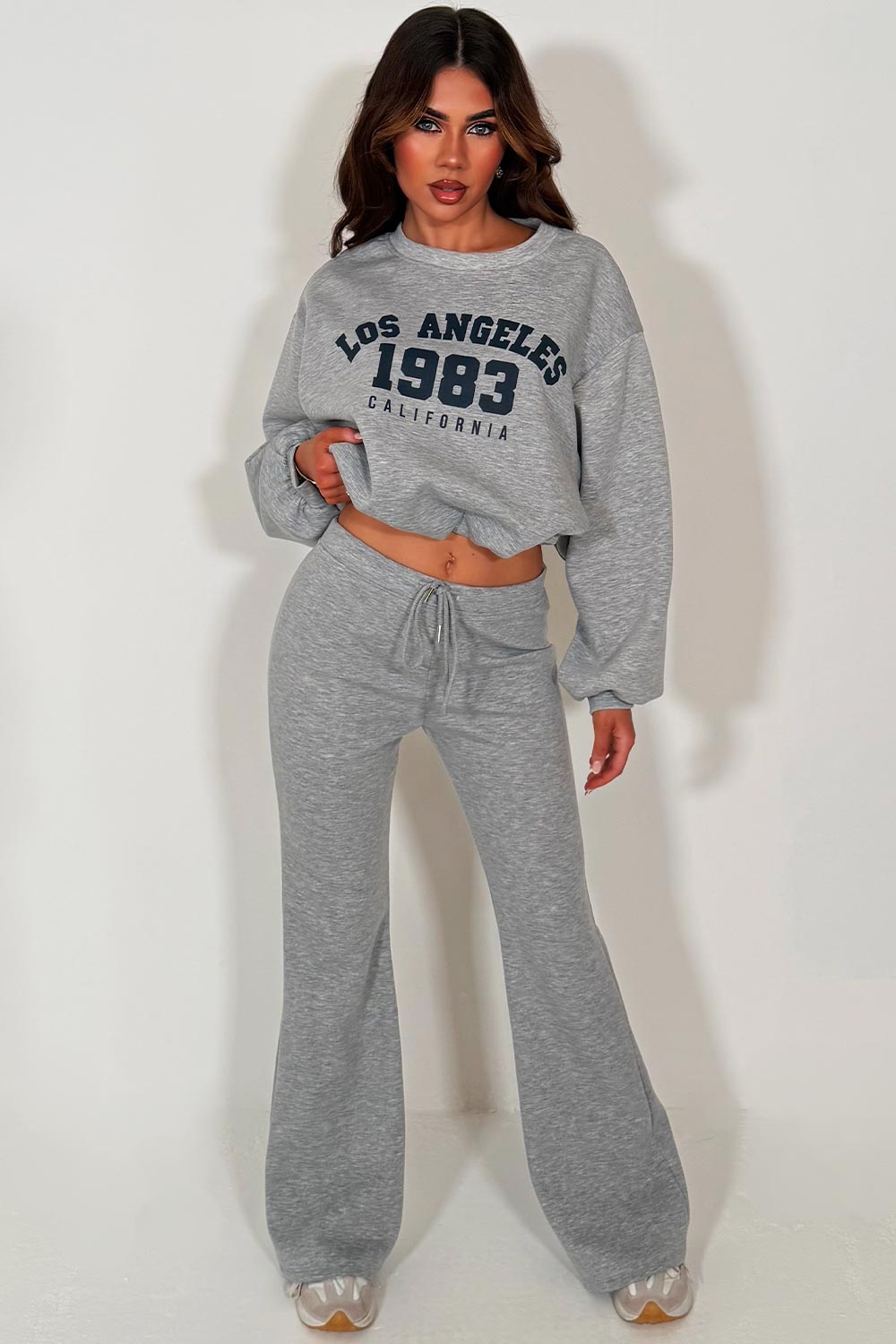 womens oversized crop sweatshirt and flare trouser loungewear co ord set styledup fashion