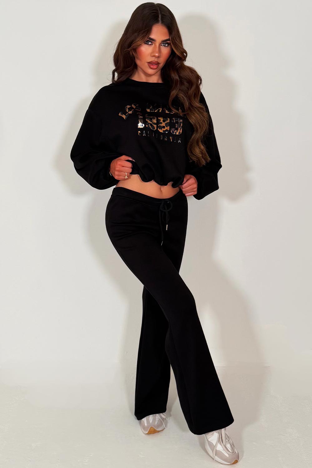 womens crop oversized sweatshirt and flare trouser two piece co ord set black styledup