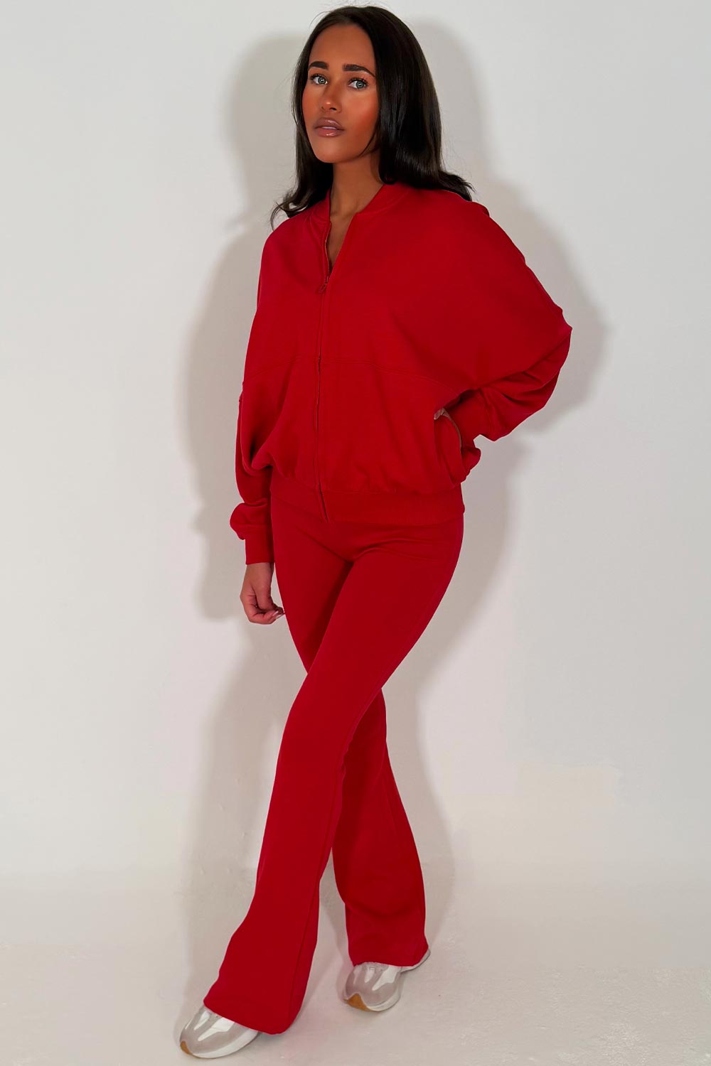 zara womens bell bottom trousers and bomber sweatshirt two piece loungewear set sale