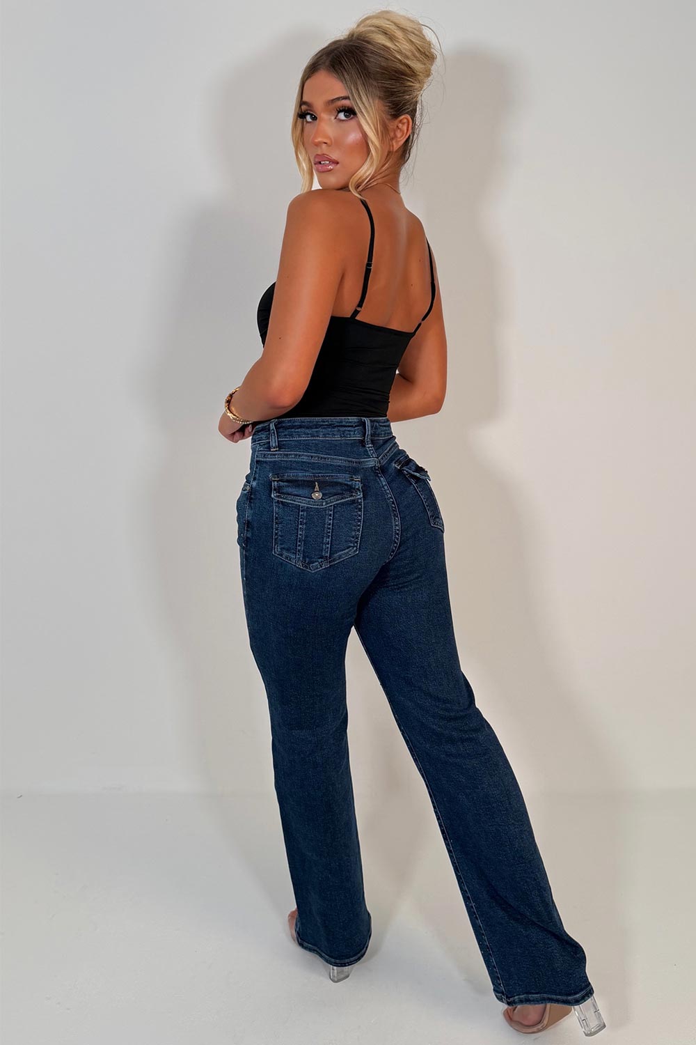 denim blue high waist wide leg jeans with diamante rhinestones styledup uk