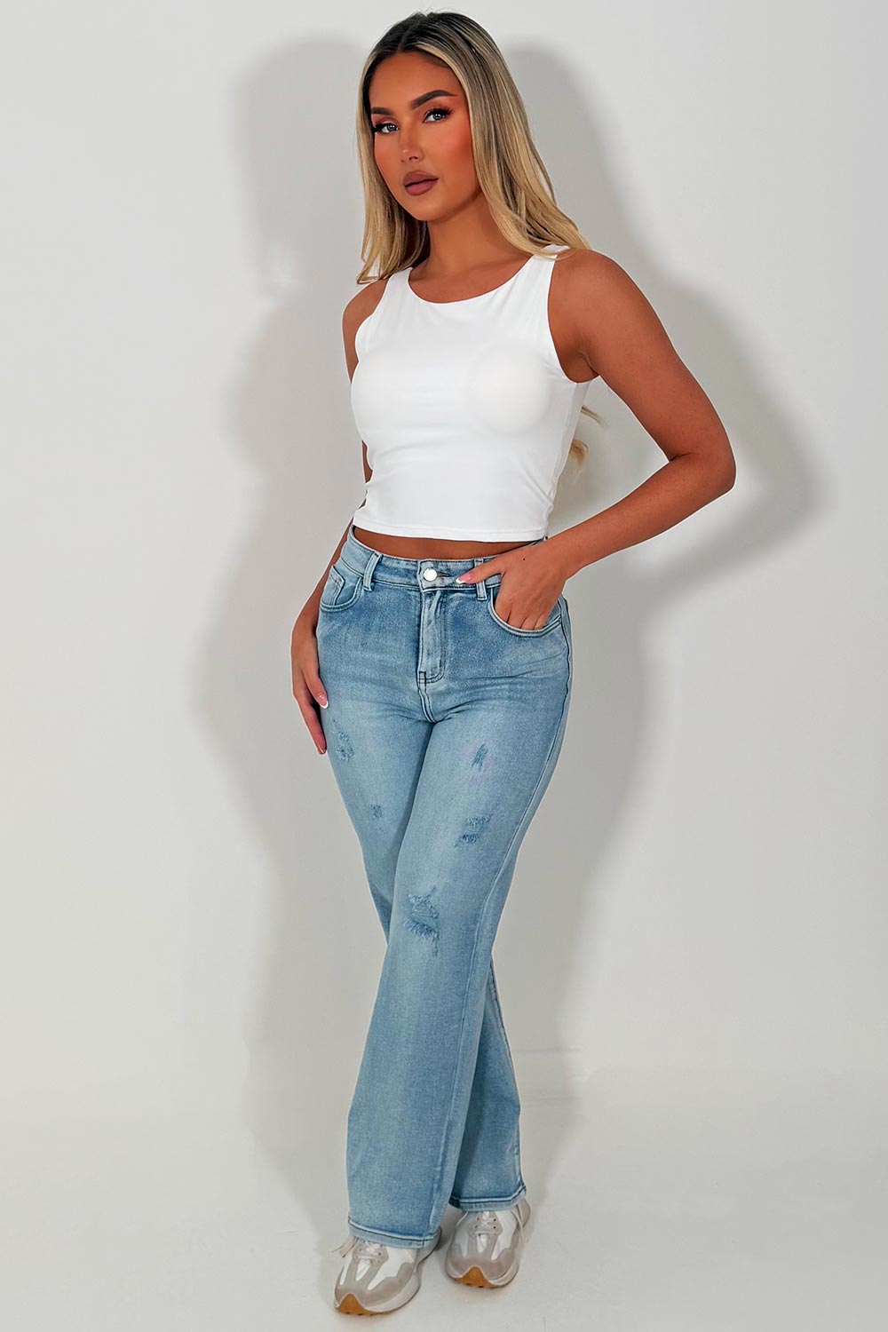 womens wide leg ripped denim jeans high waist