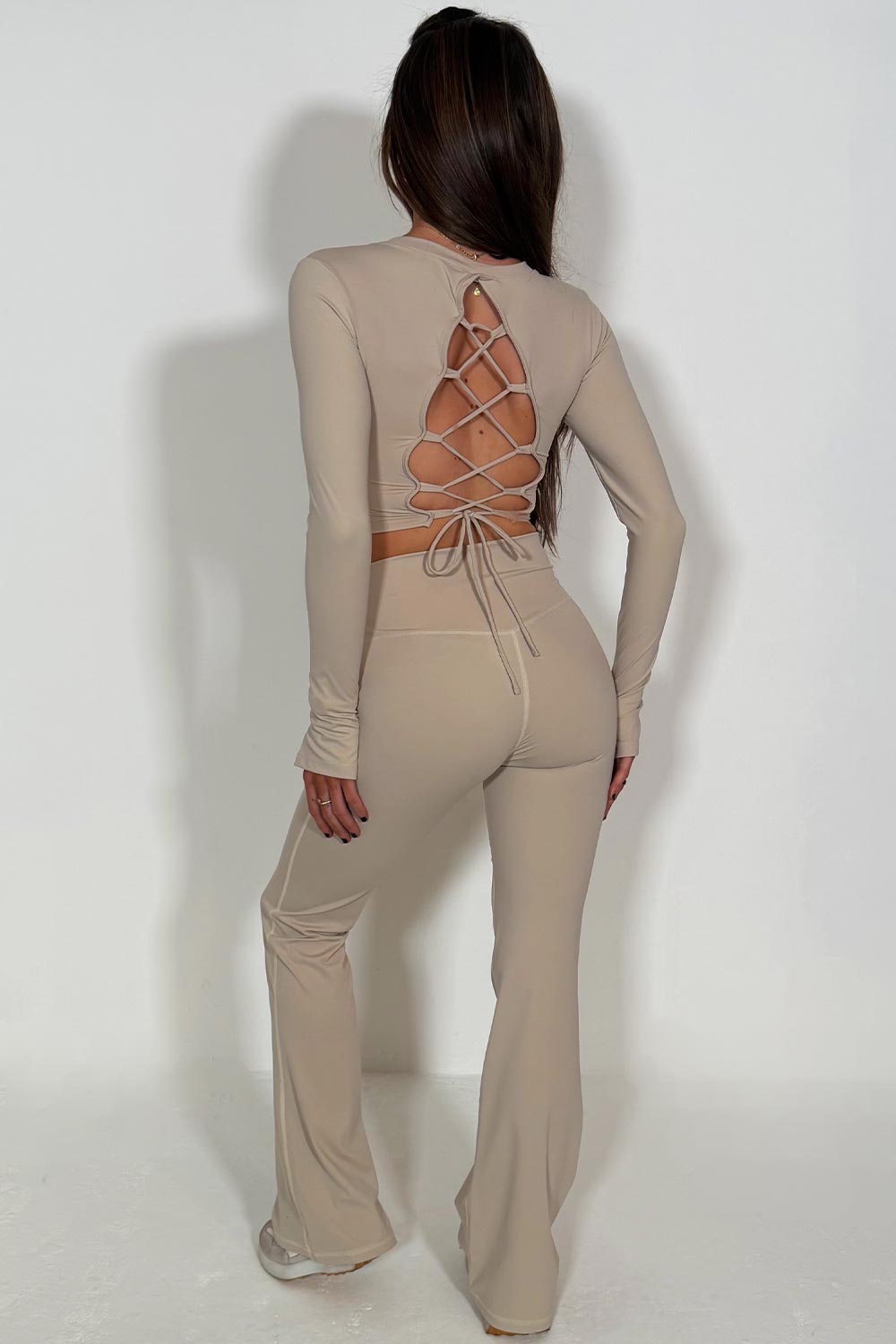 long sleeve backless crop top and skinny flare trousers lounge set styledup