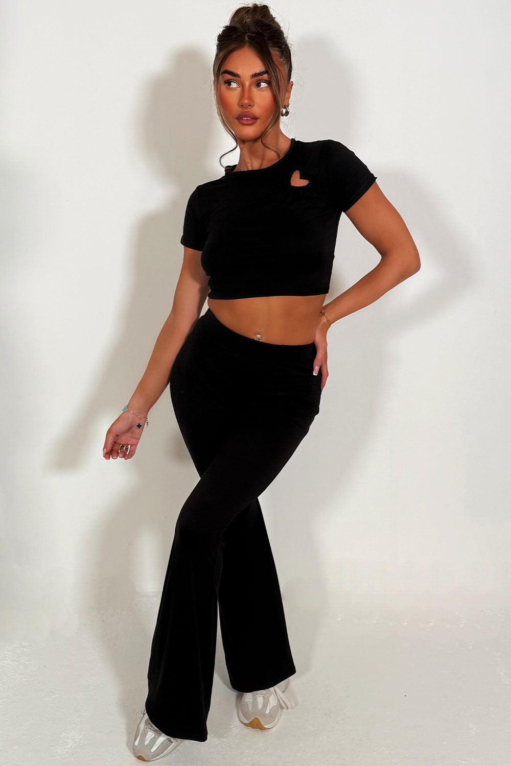crop top and matching flare trouser co ord set black styledup womens
