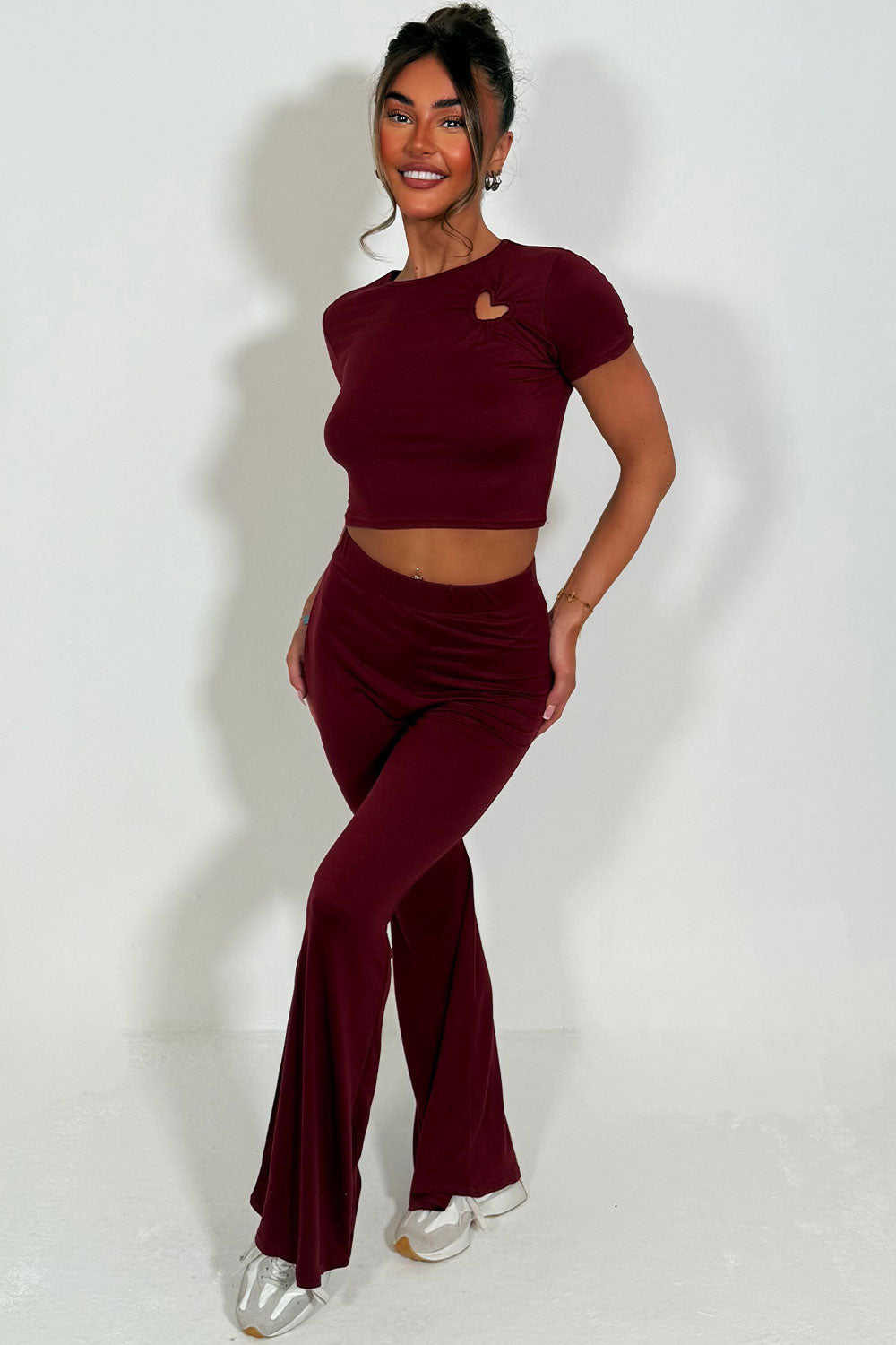 burgundy flared trouser crop top co-ord women UK styledup