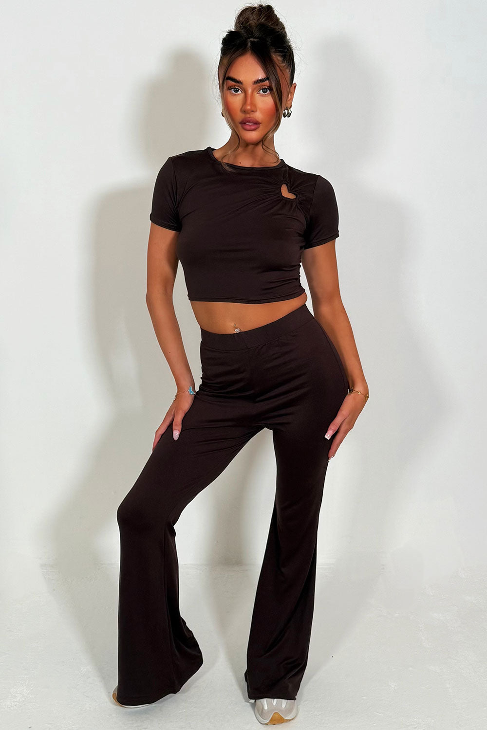 womens flare trousers and crop top two piece co ord set with cut out heart detail casual everyday outfit for girls styledup