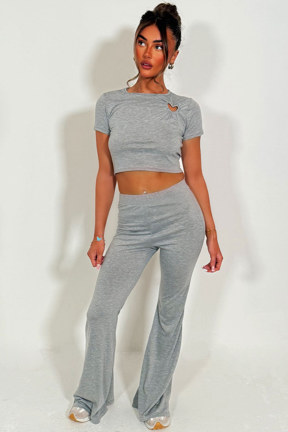 womens flared trousers and matching crop top co ord two piece set daily casual outfit for girls styled up