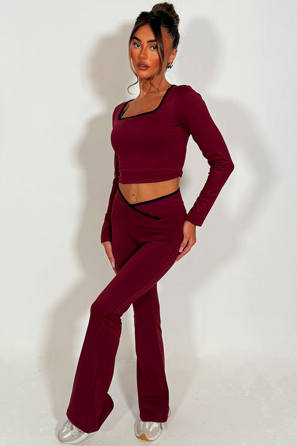 womens v waist flared yoga pants and long sleeve top two piece co ord set styled up