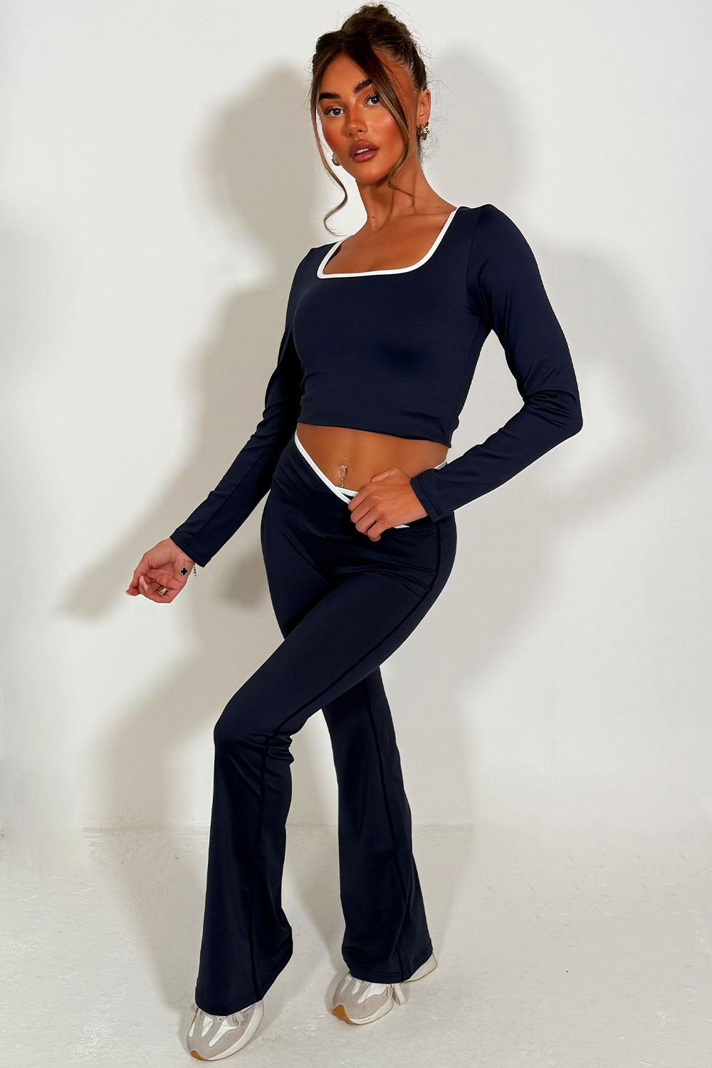 womens v waist flared yoga pants and long sleeve top two piece co ord set styled up