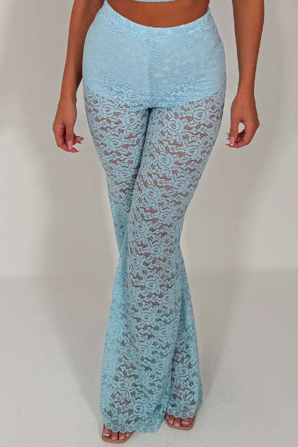 lace flared leg trousers sky blue