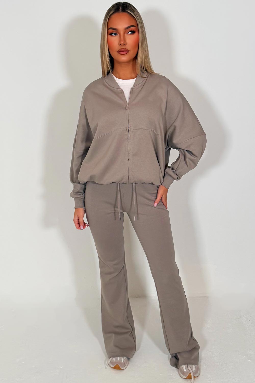 zara womens bomber sweatshirt with zip and straight flare joggers dove grey tracksuit set