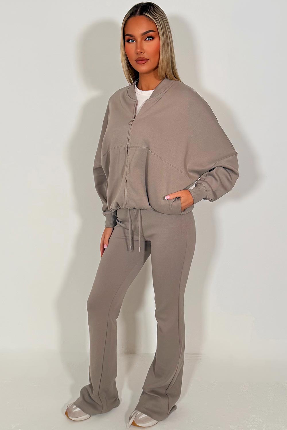 bell bottom flare trouser and bomber sweatshirt with zip tracksuit dove grey styledup womens