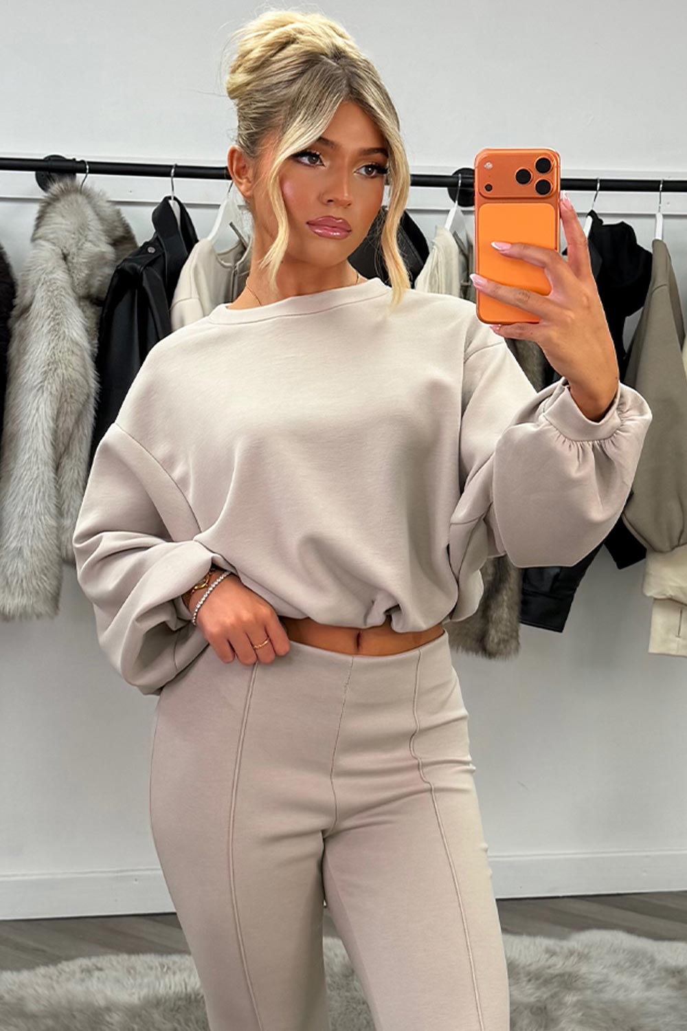 oversized sweatshirt jumper and flare trouser lounge set for womens beige styledup