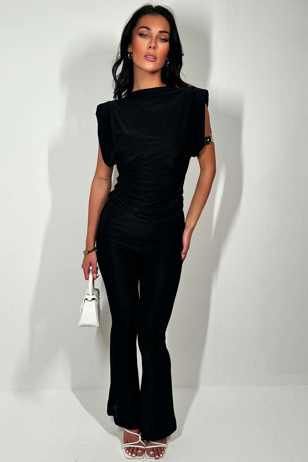 womens shoulder pad drape cowl neck top with fold over skinny flare trousers two piece set going out outfit