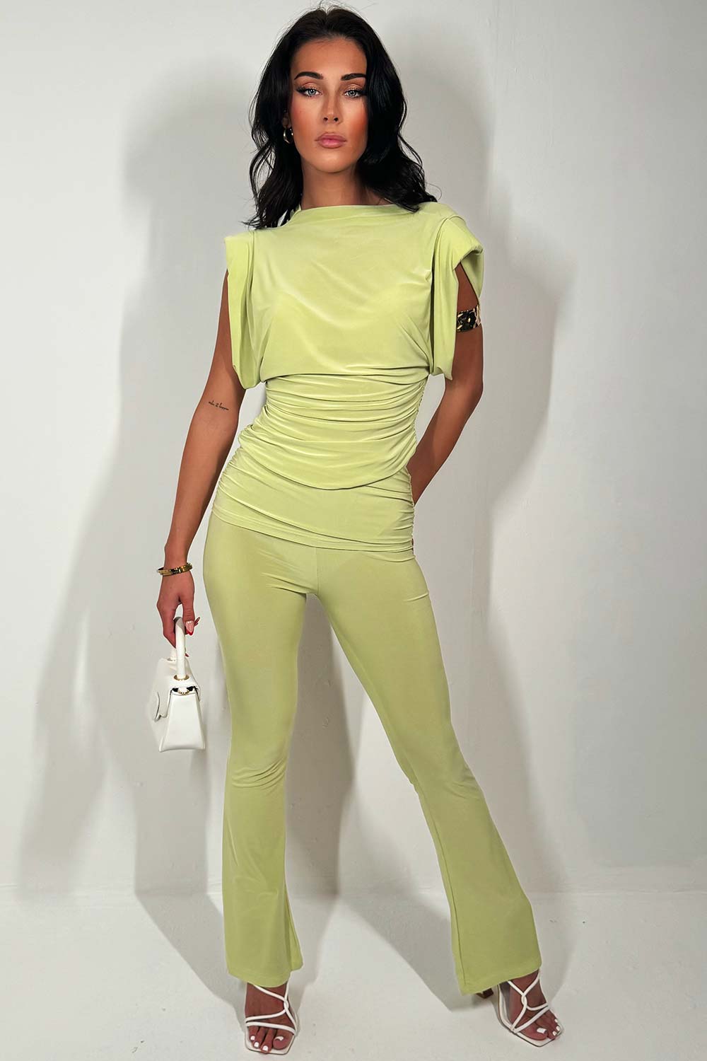 womens fold over skinny flare trousers and occasion top co ord set