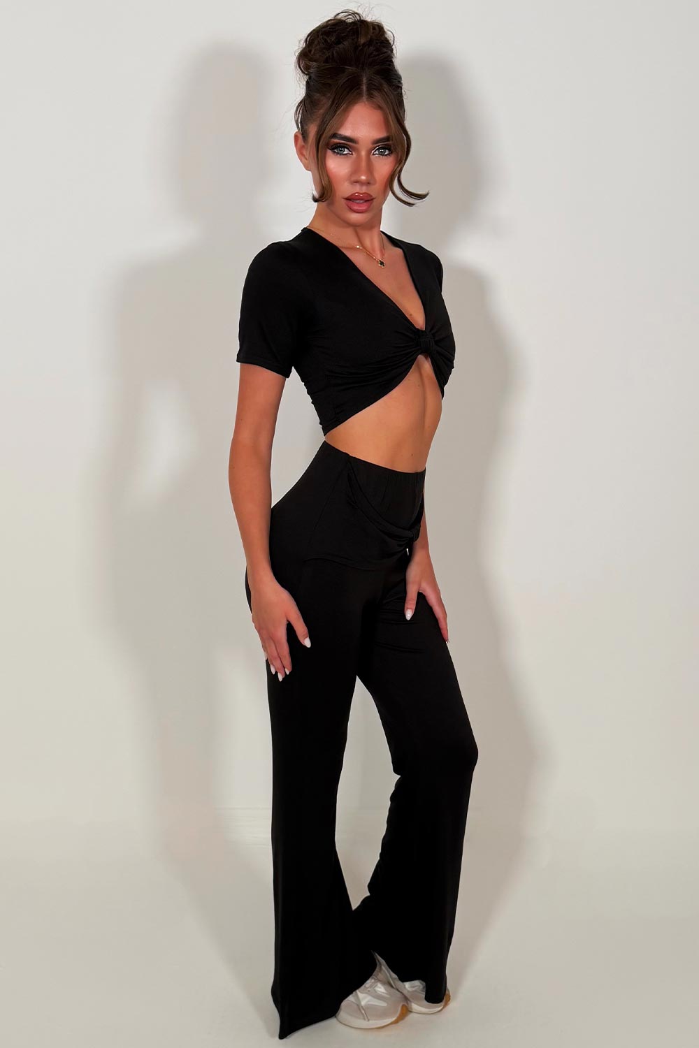 womens wide leg flared trousers and crop top co ord set black styledup