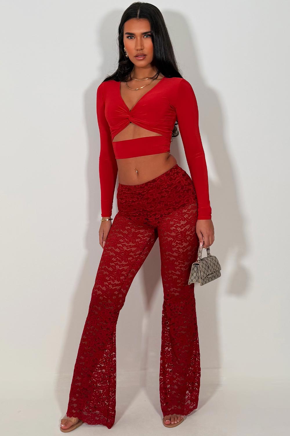 lace flared leg trousers burgundy