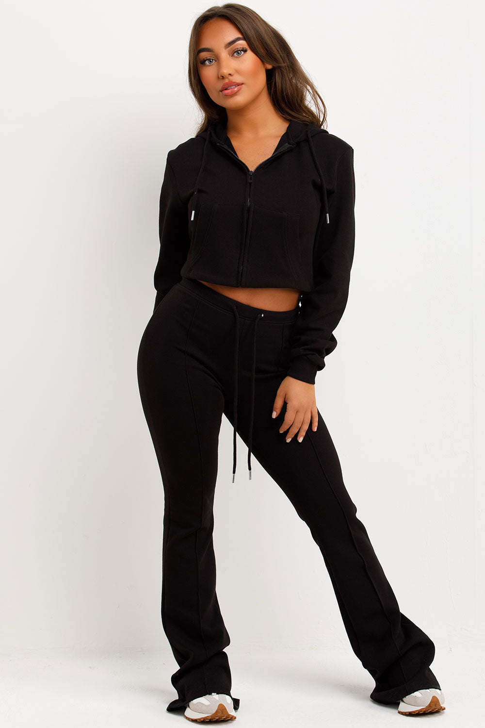 crop hooded sweatshirt and skinny flare trousers two piece loungewear set zara womens