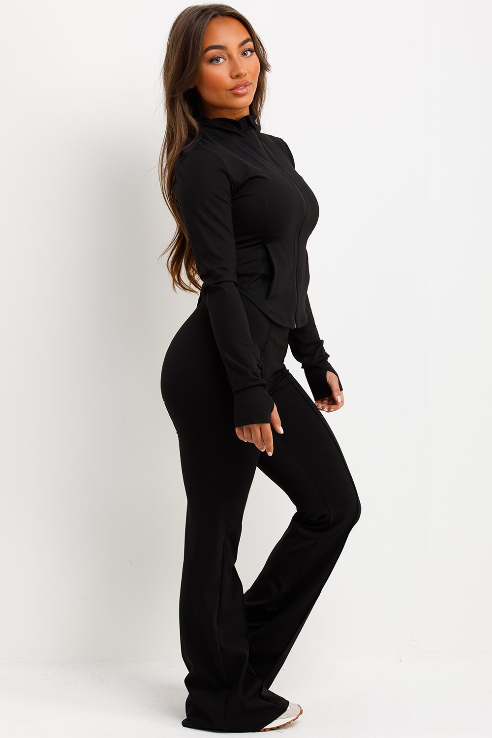 skinny flare scrunch bum trousers and zip up sports jacket two piece matching set skims uk