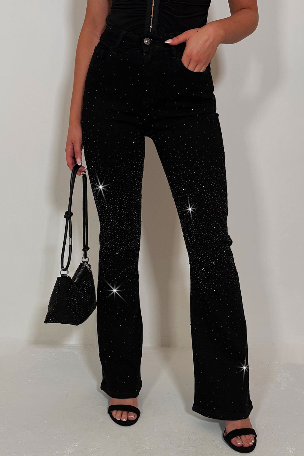 diamante rhinestone denim jeans denim black for womens