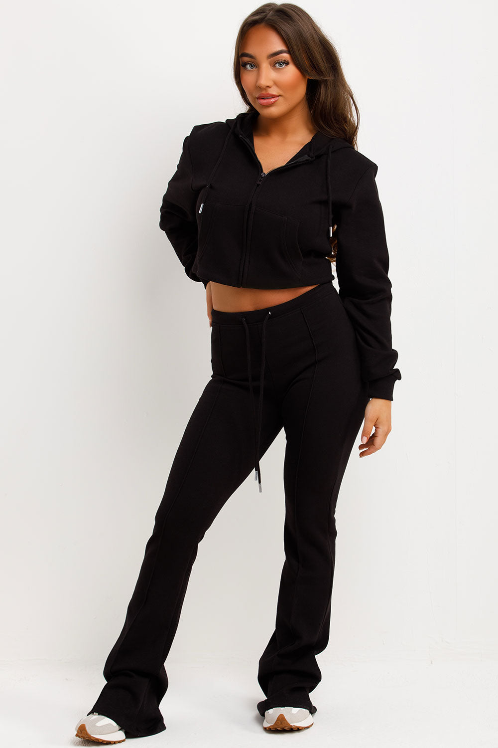 flare trousers and crop hooded sweatshirt two piece loungewear set