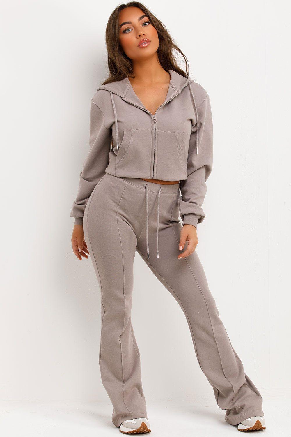 flare trousers and crop hooded sweatshirt two piece loungewear set styledup