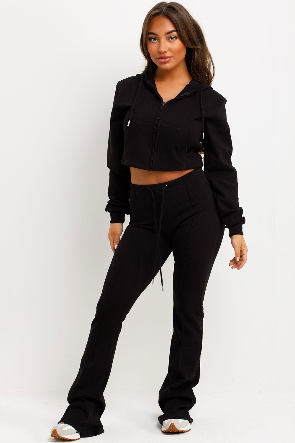 zara womens crop interlock sweatshirt and top stitched bell bottom trousers two piece loungewear set