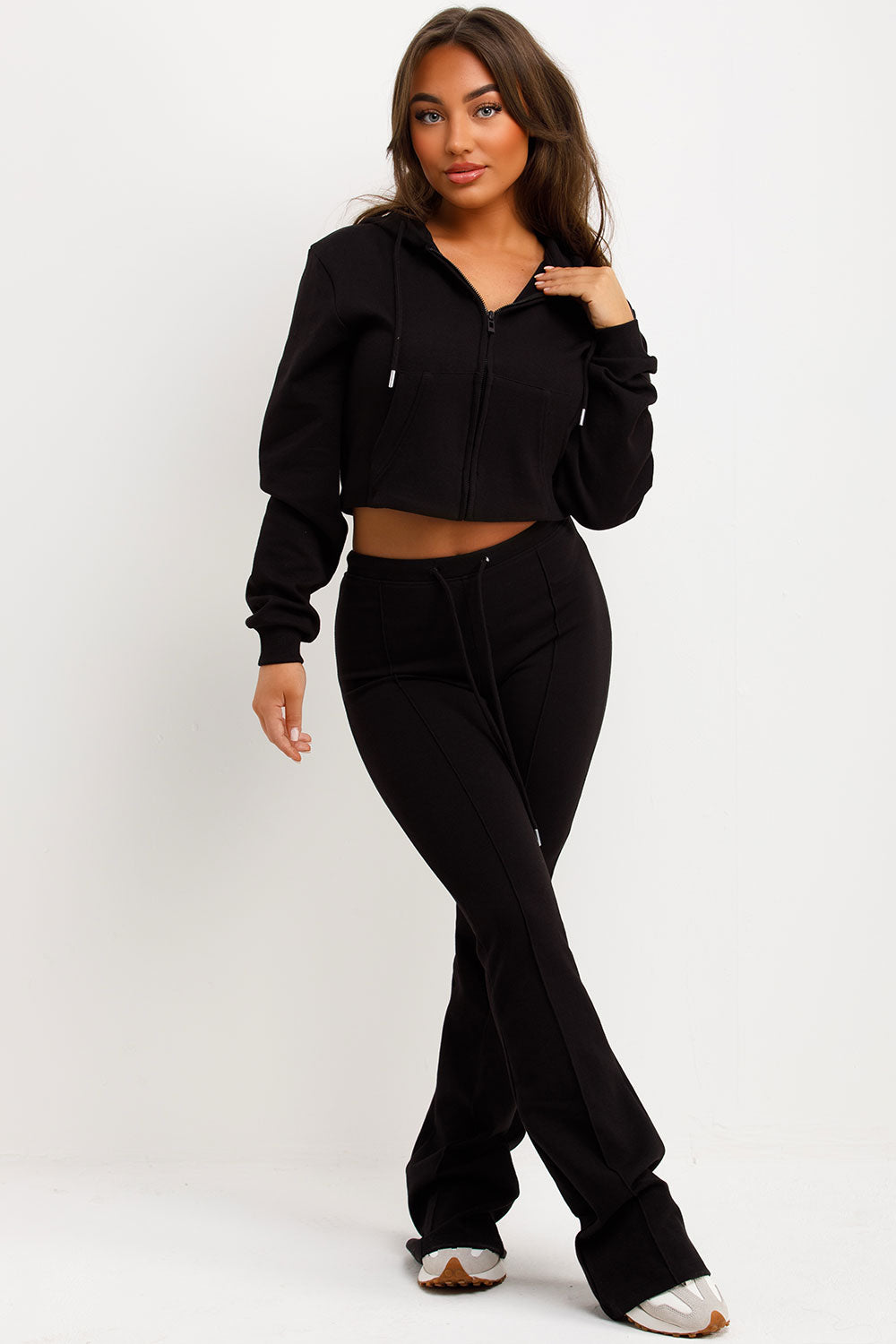 crop hoodie and bell bottom skinny flare trousers loungewear zara womens