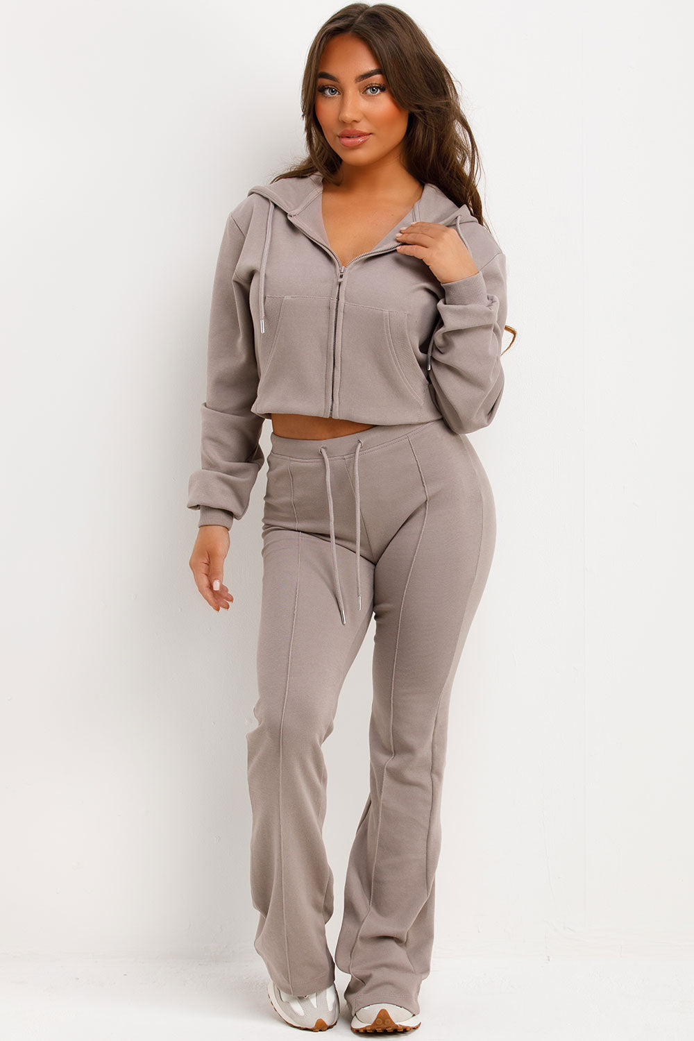 crop hooded sweatshirt and flare trousers two piece loungewear set zara womens