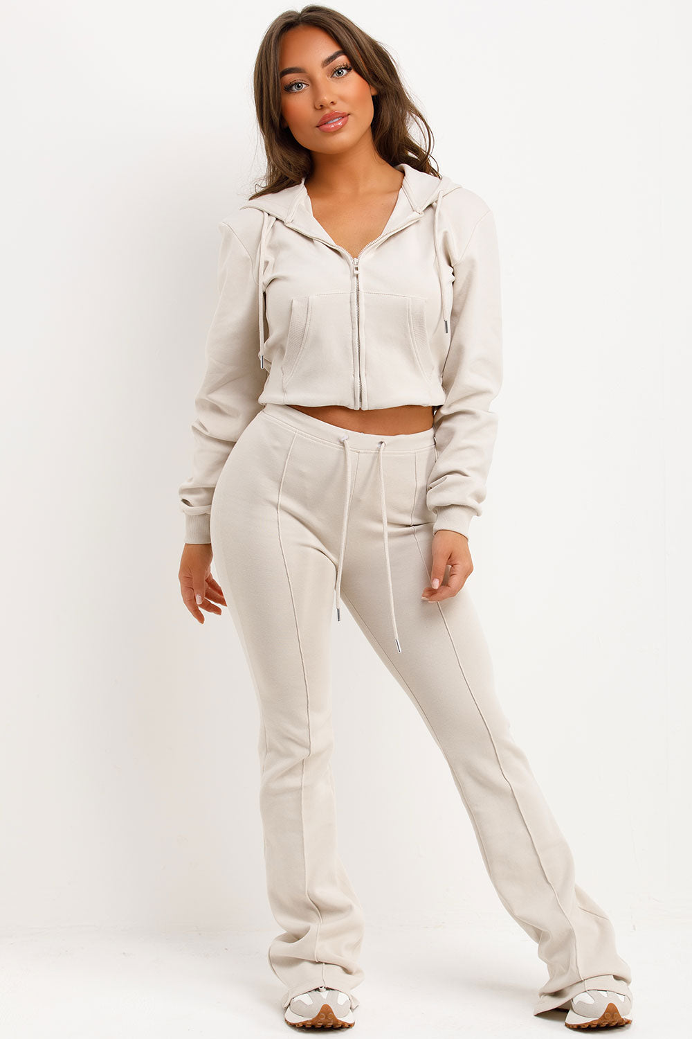 interlock sweatshirt and bell bottom top stitched trousers two piece loungewear set