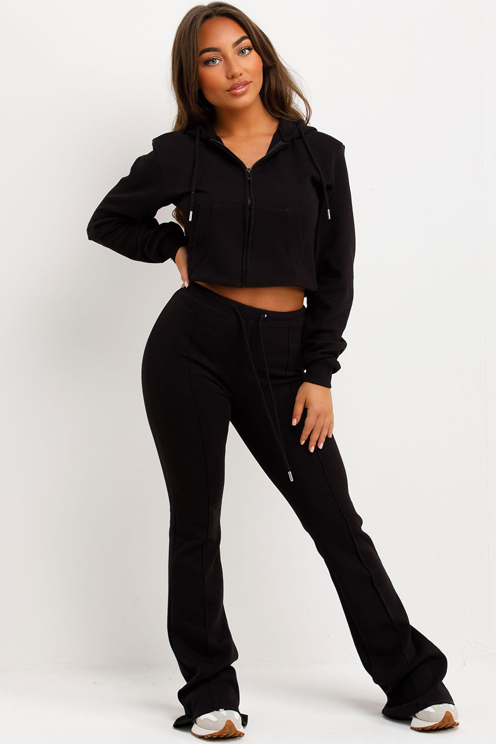 bell bottom trousers and crop hoodie sweatshirt two piece loungewear set zara womens