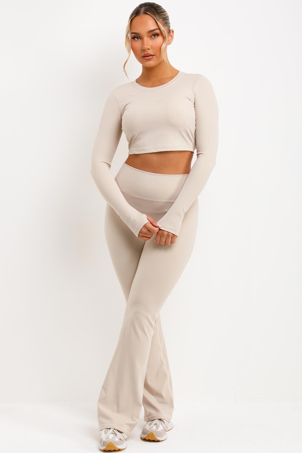 skinny flare scrunch bum trousers and sports top two piece matching set skims uk