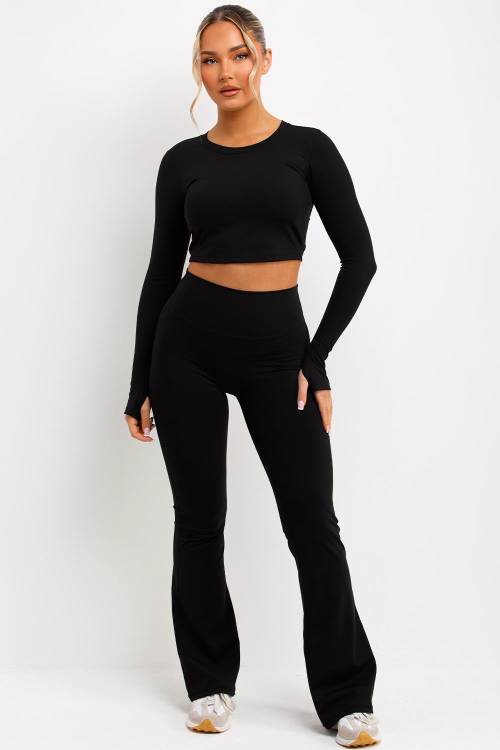 skinny flare trousers and backless crop top two piece set brown skims