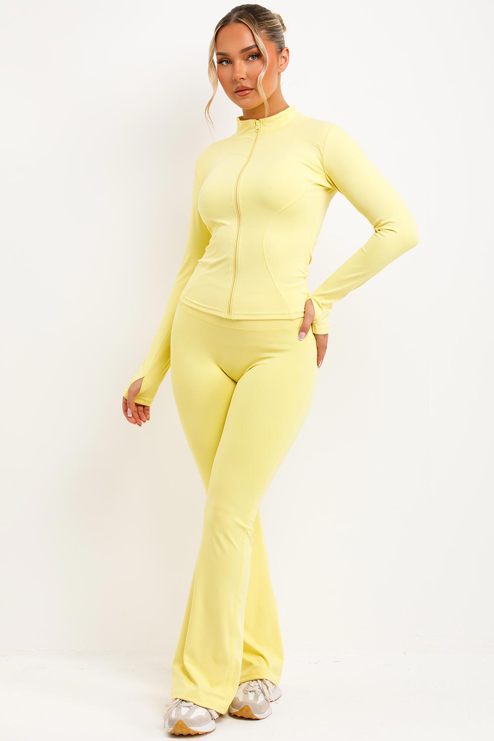 skims zip up sculpt sports jacket and flare trousers with ruched scrunch bum two piece set yellow