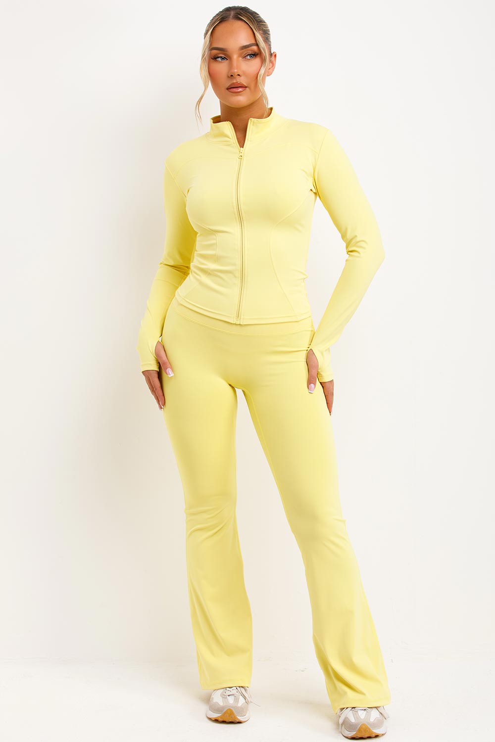 flare trousers with ruched scrunch bum and skims zip up sculpt sports jacket two piece set yellow