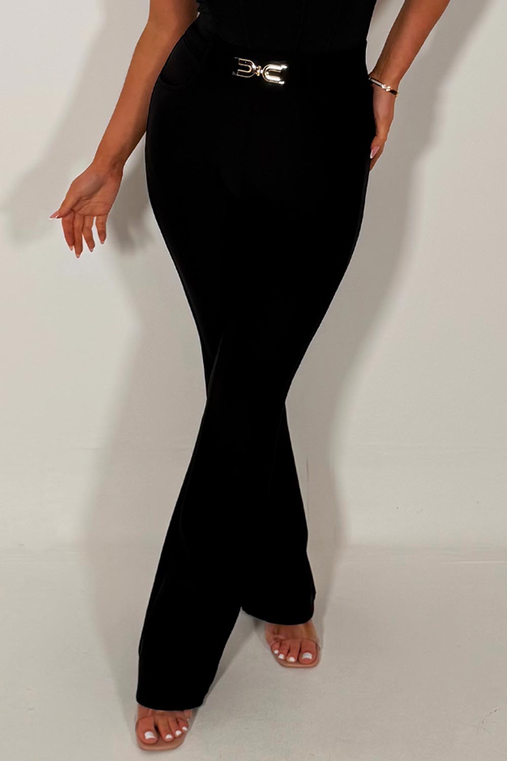 gold buckle detail high waist flared bell bottom trousers dressy