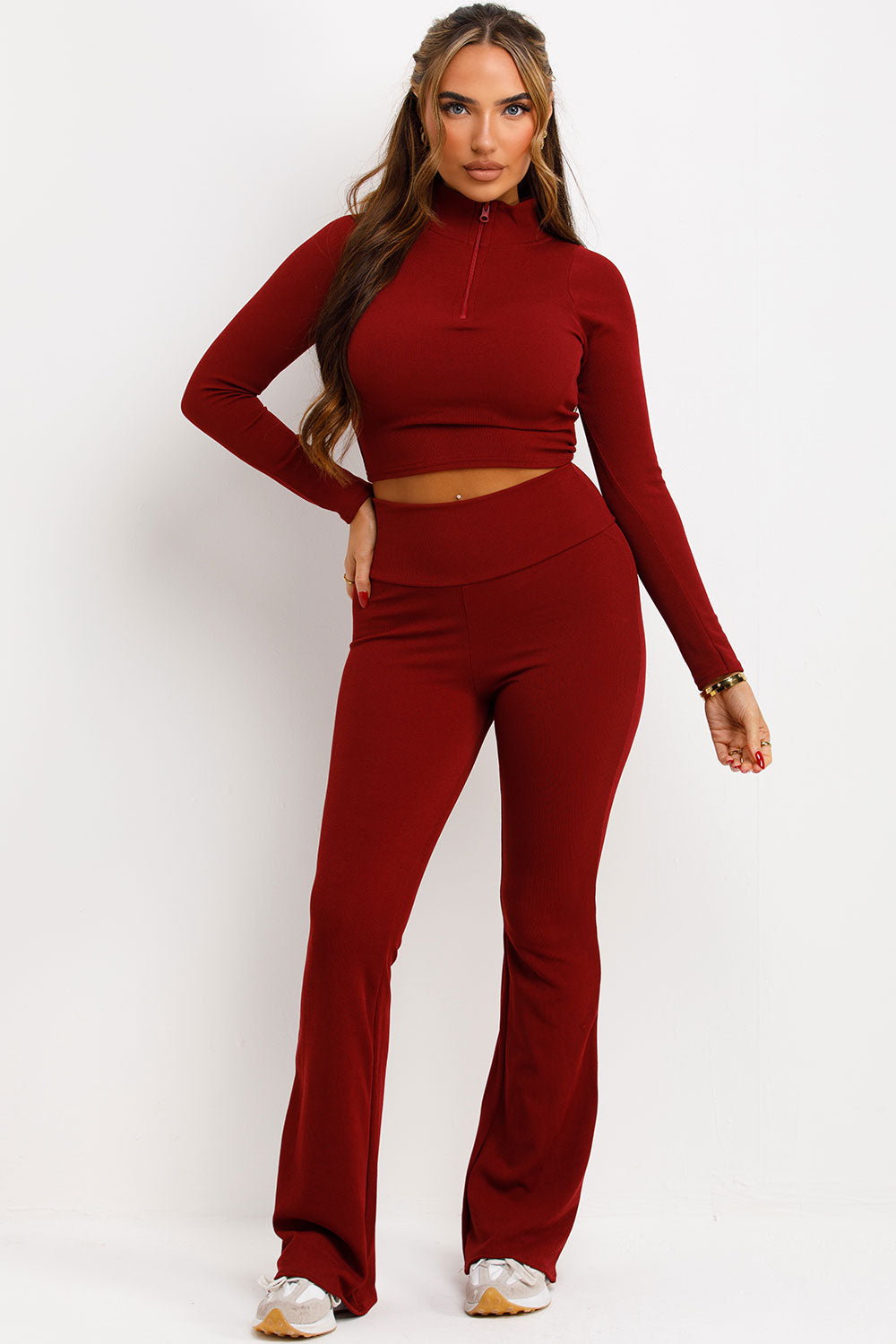 skinny flare ruched bum trouser and long sleeve top co ord lounge set burgundy red styledup