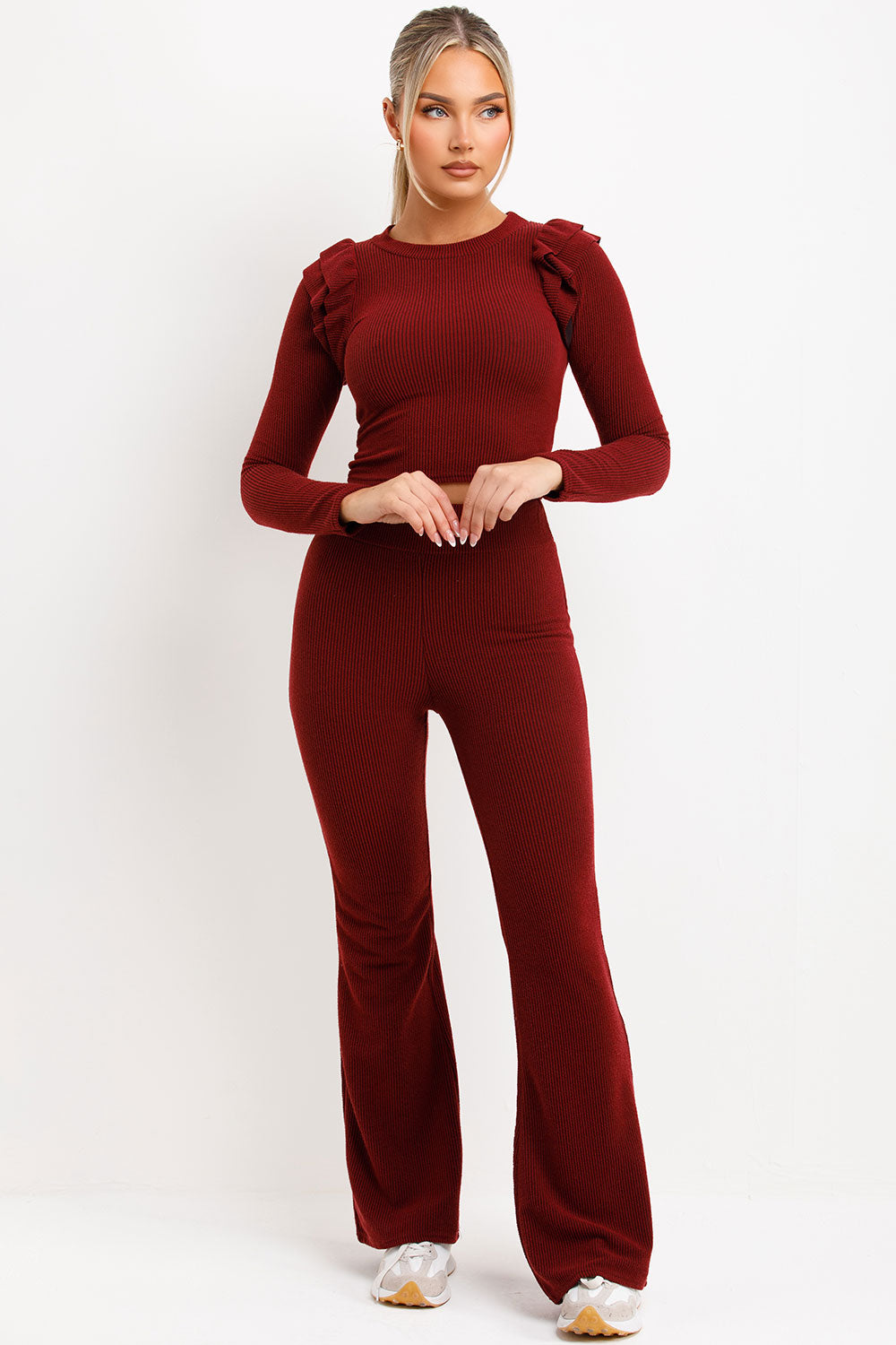 frill ruffle shoulder long sleeve top and skinny flare trousers two piece lounge set styledup