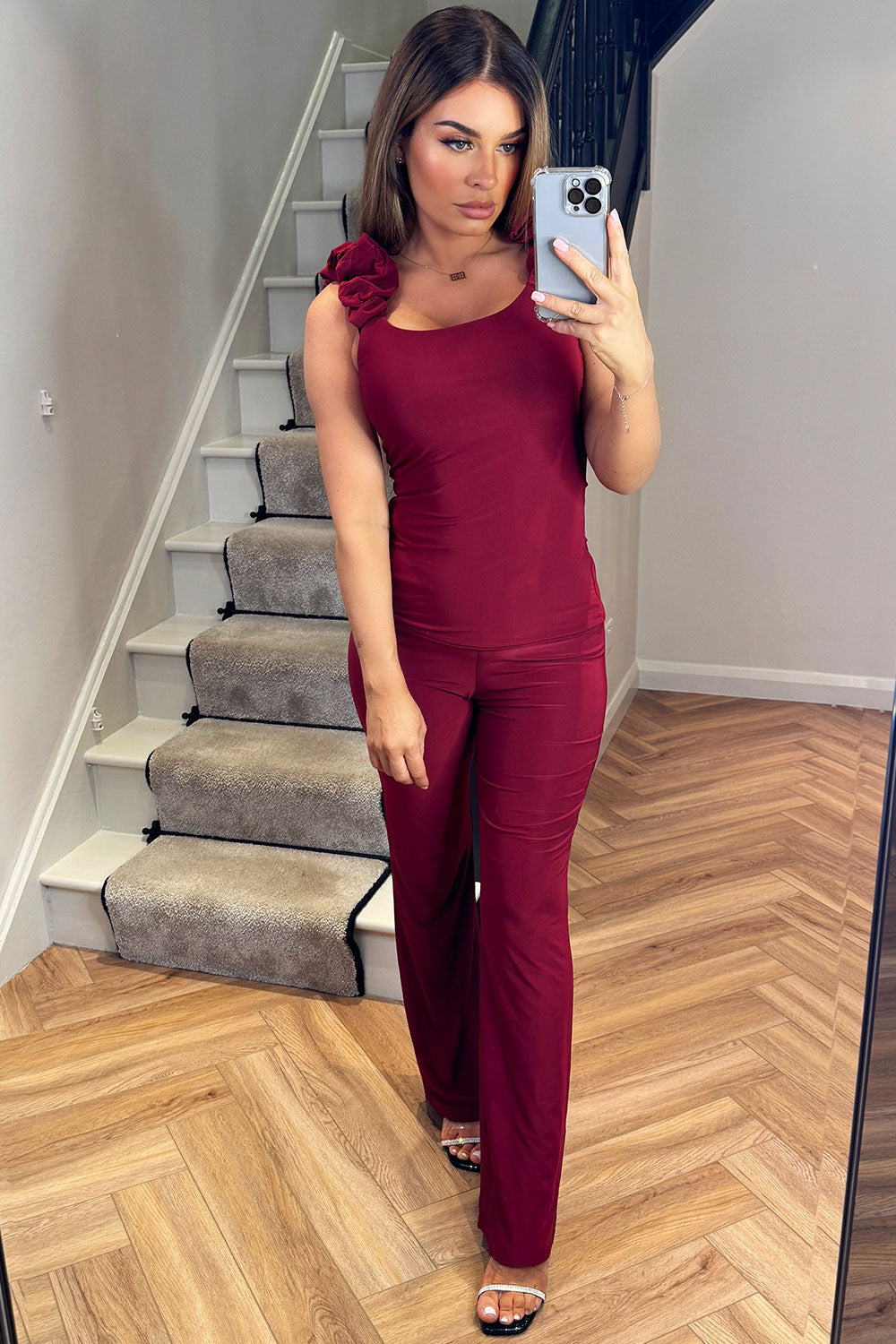 burgundy top and trousers two piece set going out christmas party outfit